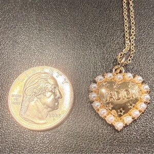 Upcycled Designer-Inspired Heart Pendant Necklace Pearl Trim Gold Tone